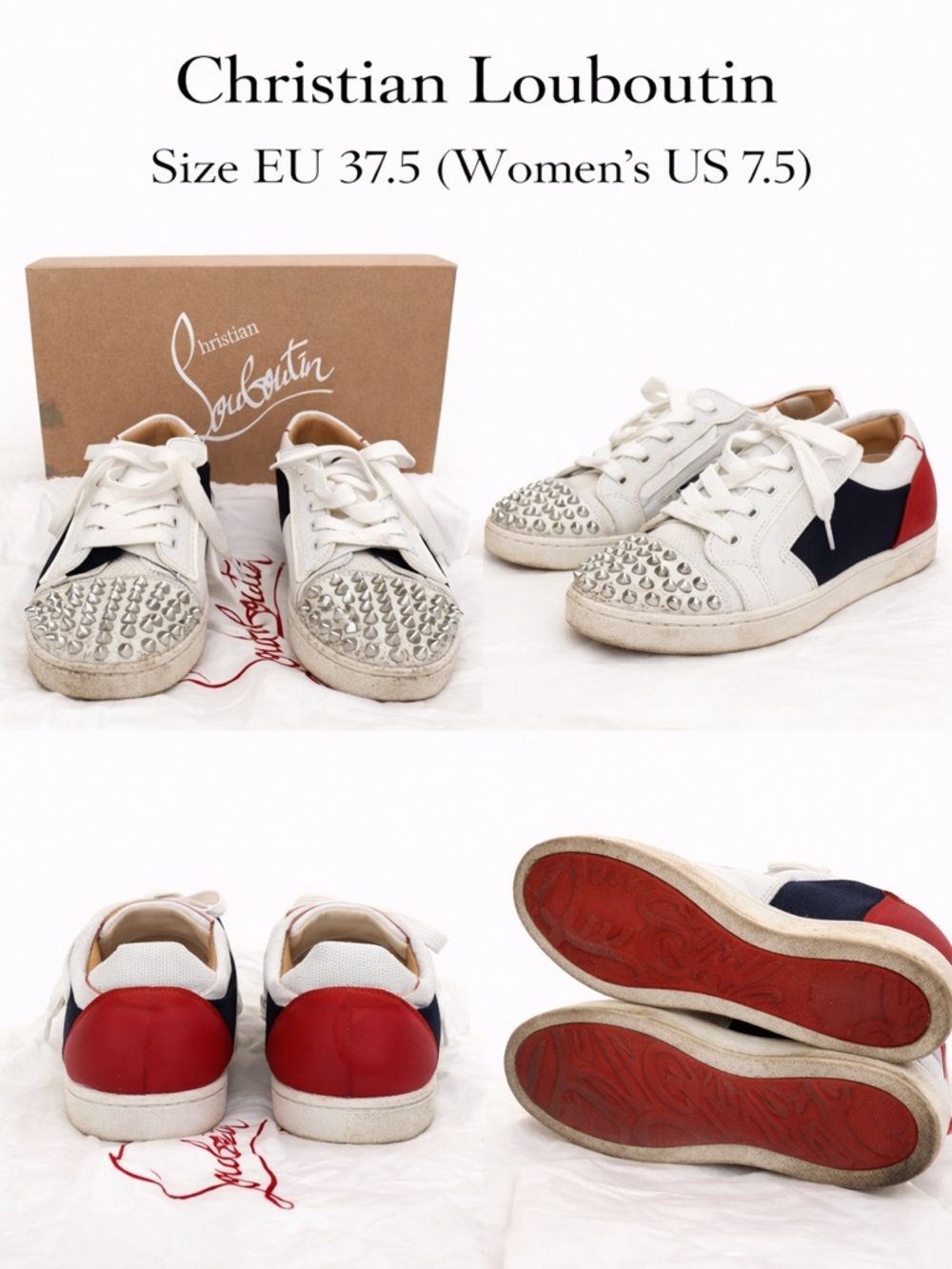 Christian Louboutin White, Red & Navy Studded Lace-Up Sneakers